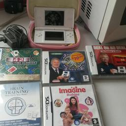 White Nintendo DS with pink case, 2 spare pen, 5 games in good conditions 
£40 
Buyer to collect