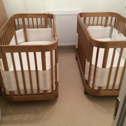 Award-winning baby cot with adjustable bed base in pine finish. Ideal for twin nursery or nursery with limited space due to compact design. Dimensions: H85xL124xW66cm. Sold as a pair for £180 or £90 for single cot. Instructions included. Smoke free and pet free home. Cash on Collection only. Offers accepted.