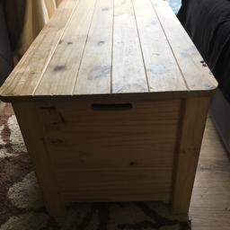 Solid pine ottoman /storage box/toy box measures 19 inches high. X 34 inches long x 18 inches deep good condition