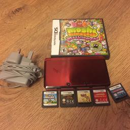 Nintendo 3ds metallic red with 2gb memory card and 6 games. 
Wall charger supplied fully working handheld console in very good condition
The games are:
Moshi monsters moshling zoo boxed
Super mario bros
Brats
Pirates of Caribbean
Professor Layton and pandora box
Go go cosmo cops
