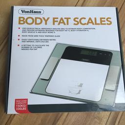 Body fat scales uses bioelectrical analog to estimate composition and provides estimate readings for body fat and body hydration.
Setting to calculate the number of calories needed per day.

Used couple times, Don't need anymore