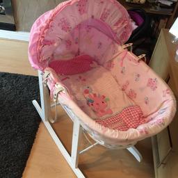 Used for 6 months fab condition! Pink Moses basket on white rocker stand want 25.00 Ono