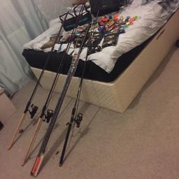 This set has bait that's never been opened 3 rods and a pole rod and 2 reels shimano reel and a dawa reeland loads of bits that are worth over £60 and the carp rods are fully set up as they are now