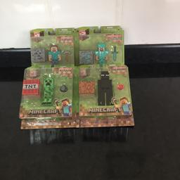 There are 4 minecraft figures which are 3 to 4 inches big each they are fully articulated and are complete.Good condition new of shelf.