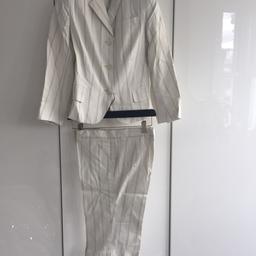 Original All Saints 2 piece ecru/navy SB3 suit with shorts to match 
Great cool outfit for a wedding or event.
Jacket can be worn with belt
Sold as a set
Hardly worn
Both pieces size S/10