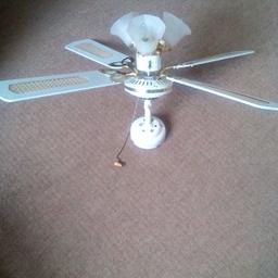 Colonial style 3 way light fitting .4 fan blades.White & gold ,with 2 pull strings .Was supplied & installed with our conservatory approx 10 yrs ago .Good working order ,good condition.Having a change of light fittings so not needed anymore .The item is pick up only.