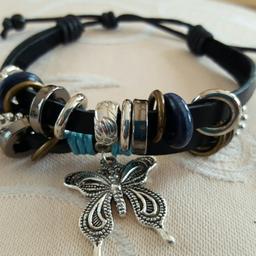 Boho leather bracelet, 2 lengths with butterfly dropper and co-ordinating beads. Brand new, never worn