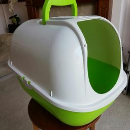 Used but good condition. Door flap missing but still usable. This tray with it's privacy cover does really help stop your floor getting covered with litter.  Complete with carrying handle.