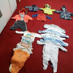 A variety of baby essentials. 
A great condition 3 piece Lonsdale outfit.
8 sleeps suits 
9 vests 
1 hoody
1long sleeve top 
1 Cardigan 
1 waterproof lightweight jacket.