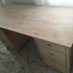 Has been lightly white washed over pine. Some marks on desk top easily removed. 29" high. 55" long and 23" deep. On other sites