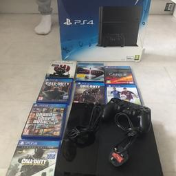 500gb
1 controller
6 games
Call of duty infinity warfare
Call of duty advanced warfare
Call of duty black ops 2£
Cars
Gta5
Fifa 15
2 blue ray films
Box