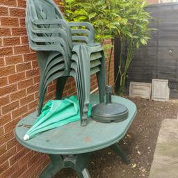 Garden table 4 chairs parasol base table needs abit tlc and chairs nice and sturdy we are getting new one