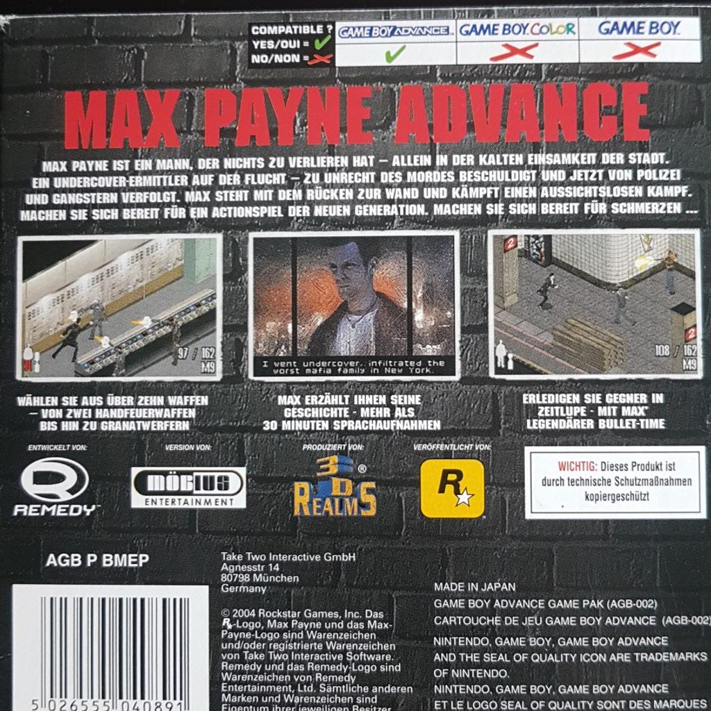 Max Payne Advance GBA in 40225 Düsseldorf für 20,00 € zum Verkauf | DE