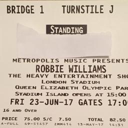 Ticket Robbie Williams in London
Queen Elizabeth Olympic park 23/06 Friday
Face value £82.50