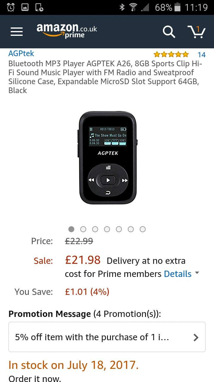 Bluetooth MP3 Player AGPTEK A26, 8GB Sports in B43 Birmingham for £14.