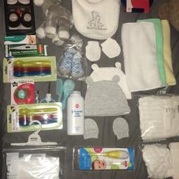 Baby bundle from a pet free, smoke free home☺️ All never been used. Sensible offers only💞

- 3 pairs of scratch mits 
- 2 infant hats 
- 4 body suits 
- 2 sleepsuits 
- 1 vest 
- 6 bibs 
- 2 Nike new born infant shoes 
- 1 pair of blue gift rap shoes 
- 24 spoons 
- 1 dummy 
- 0-18 months baby toothbrush with 2 heads 
- baby powder 
- baby hair brush 
- baby comb 
- baby nail clippers 
- mums baby scissors 
- baby thermometer 
- teething gel 
- 3 baby face and body towels 
- 2 spoons 
- teddy