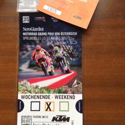 Verkaufe Ticket für Spielberg 2017 
Am Weekend 11- 12- 13 August 
Tribüne Mitte KTM, freie Platzwahl und Bon für Essen und Getränke