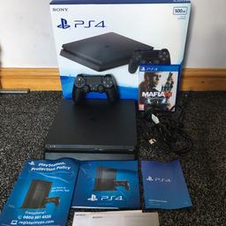 PS4 and everything in great working order, still under 1 year warranty. PS4 Has a few light marks but nothing major. 

Comes with: 

All cables.

All booklets.

Mafia 3.

GTA 5

And 

1 controller.

Selling as I don't have time to play it.

I am open to offers as long as they are reasonable.

If you have any questions then please ask I will assist as best I can.