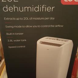 Unopened and undamaged condition for this Dehumidifier 20 L google this item its priced at £95 has built in Ionizer with a 3.8 water tank and speed control Digital  , Pick up only and no tine wasters pls ty
