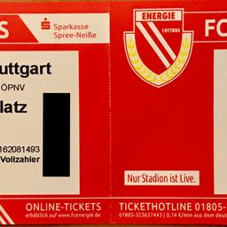 Verkaufe 2 Tickets für das DFB Pokalspiel Energie Cottbus vs VfB Stuttgart am 13.8.2017 
Es handelt sich um Stehplätze im Gästebereich
