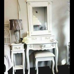 Beautifully French style dressing table complete with stool and mirror.
 Finished in a vintage White it's a classic that will never looked Dated.
Side table in picture are available also at £49.99 each
Delivery available.

Viewings available at
Dated2Rated Interiors
50-56 North Bridge Street
Sunderland
Sr5 1AH