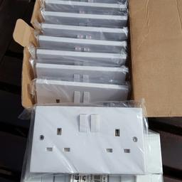 10x double switched sockets in white, plus 5x two gang dry lining boxes 35mm deep. ALL BRAND NEW. UN-OPENED