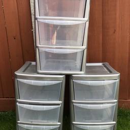 3 sets, 9 containers in total. Stack dimensions (3 containers is a stack) H 62 W 40 D 40. Draw dimensions H 17 W 34 D 40. All measurements are approximate and given in centimetres.