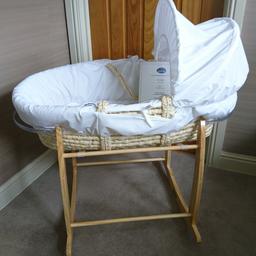 Brand new moses basket and rocking stand - purchased as a spare and has never been used. Includes: moses basket, rocking stand, foam mattress and 2 brand new sheets.

Collection only please but will consider drop off depending on location. Smoke free home.