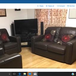 three piece dark brown leather sofa suite two single chairs and one Seater chair very good condition two seater 145cm width x 95cm depth single chair 94cm width x 95 cm depth and x 150cm