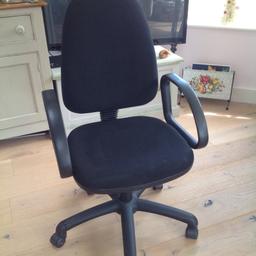 This is a Fabric operators chair. Contemporary & durable. It has 5 coasters and armrests. Adjustable seat height from 42cm - 56cm. Total max height 110cm. Adjustable backrest height and back / recline.  It is used, but in good condition. You can see from pictures tat there are some marks on the fabric and on the rear.