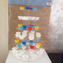6 tier cake stand holds about 100 or more cup cakes great for party's, tier sizes across 40cm, 36cm, 33cm, 30cm, 23cm, 16cm and i also have a 9cm but middle piece to stand it on is missing you might be able to make something. Sorry didn't have cakes to put on it only cases so yo have a rough idea.
