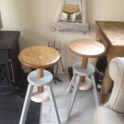French milking stools, adjusting hight by screw mechanism. Several uses, bedside table, coffee side tables, seats. £16 each or £30 for the pair.