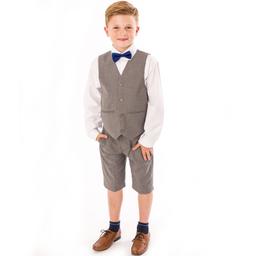 Brand new grey suit with shorts never been worn still in packaging comes with bow tie red and blue so you have a pick of what one you want your little one in :) it's an age 5 years old cost me £40.00 in the uk selling due to not needing it now
