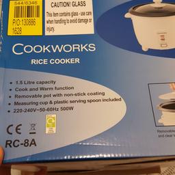 Cookworks Rice cooker Brand New unopened box 1.5 litre capacity . Cook and warm functions. Removeable pot with non stick coating measuring cup and plastic serving spoon included. Brand new Collections only