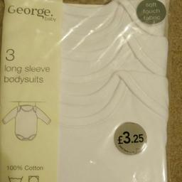 3 long sleeve white body suits, still in packet unworn. New. 3-6mths. 100% cotton.Baby out grown this size. From smoke free home.