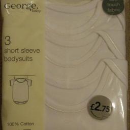 3 short sleeve white body suits. 6-9mths, 100% cotton. New in packet. Unworn. From smoke free home. Baby out grown this size.