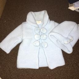 Blue Pom Pom coat and hat only worn a few times would fit newborn