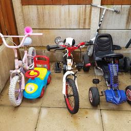 Selection of kids ride for sale.
Pink bike £15
White bike (boys) £20
Blue Go-Kart £20
Small blue/Yellow ride £5

Collection only.