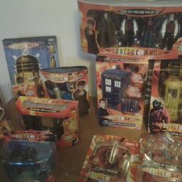 4 boxes of dr who stuff all brand new figures mugs pencil cases money boxes satan pit micro tadri collectot case new dvds pens keyrings some micro figurses etc 30 new magazines and half box full of stickes unopened bargin 50 4 boxes full bargin need space