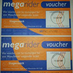 Two vouchers worth £14.50 each, selling for £10 each. Hand voucher to Stagecoach / Magic Bus driver in exchange for a 7 day Megarider ticket. Valid until 15/12/2017. Collect in person, meet in city centre, or will post 'signed for' for £1.75 extra.