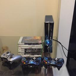 Come with 3 controllers but 2 need new battery pack but one works perfectly ,Xbox 360 works like New with no scratch,also comes with Kinect,the only reason it's really cheap is because I have no use and it is wasted if I have it