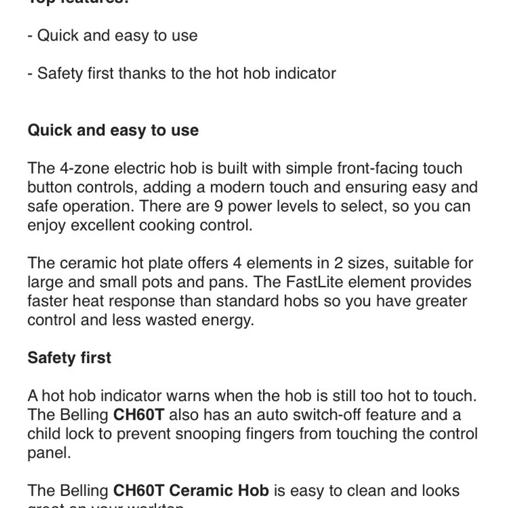 BELLING CH60T ceramic hob granite electric in CT5 Whitstable for £75.00