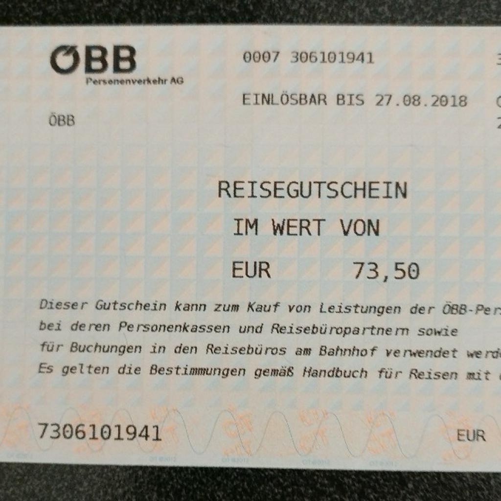 ÖBB Gutschein über 73,50€ in 6233 Voldöpp für 65,00 € zum Verkauf
