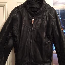 Genuine leather motorcycle jacket
Fleece lined to keep you warm 
Safety padded for protection 
Slim fit 
Size medium 
Excellent condition 
Bargain price 
Collection only