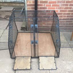 Large double dog cage with divider and wooden floor could do with a new divider making easy fix though cost £380 new dimensions 38" wide 30" high 38" depth and 16" top depth which slopes down for estate car or van grab a bargain