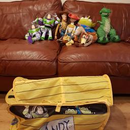 Andys chest, woody, buzz lightyear x2, Jessie, bullseye, rex, slinky dog, alien and small Mr potato head from toy story. Plus a bucket of Mr Mrs and baby potatoheads (not in picture). All have been played with and much loved but decent condition. Aswell as 'andy' written on one foot. Eli (my son) also has his name on the other foot of each character. Only damage is one of slinky feet has disappeared. (Just pretend rex ate it)