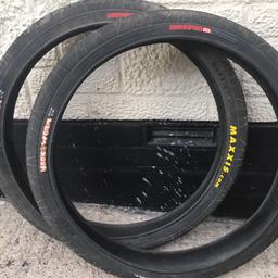 Maxxis hookworm 26x2.5" dual ply mountain bike tyres. Only ridden twice. Really grippy for street/skatepark/ramp/dirt jumping (in the dry) super tough carcasses so less pinch flats from heavy landings etc.