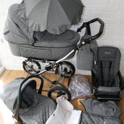 I have this pram in excellent cindiotion, the wheels on mine are nicer than these ones.
I dont have carseat but jave everything else for pram. Footmuff still in wrapper brand new. Pram barely used need gone asap open to offers need gone asap it is just being wasted here
Ch46