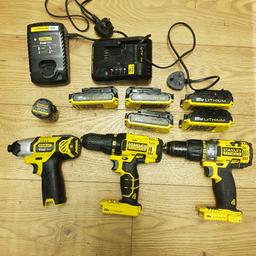 Used but still in perfect order
1 hammer drill 
2 drill drivers
Comes with 5 batterys
Any questions please ask