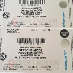 2 x Depeche Mode Concert Tickets.
Friday 17th November - 
Manchester Arena
Cost £117.55 
Will post out 1st class